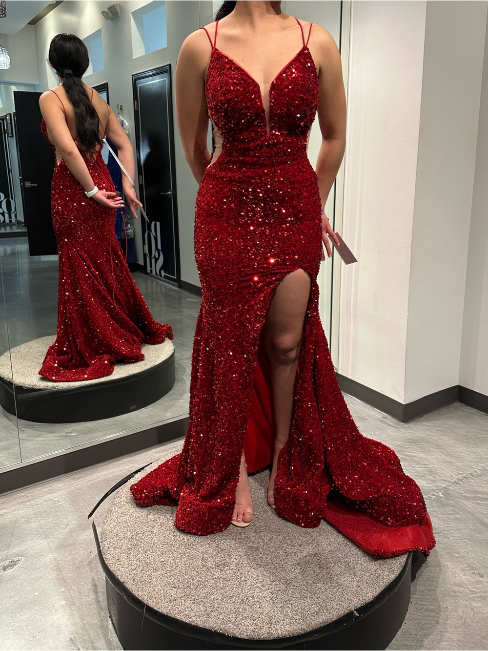 Red Sequin Prom Dress with Plunging V-Neck and High Slit